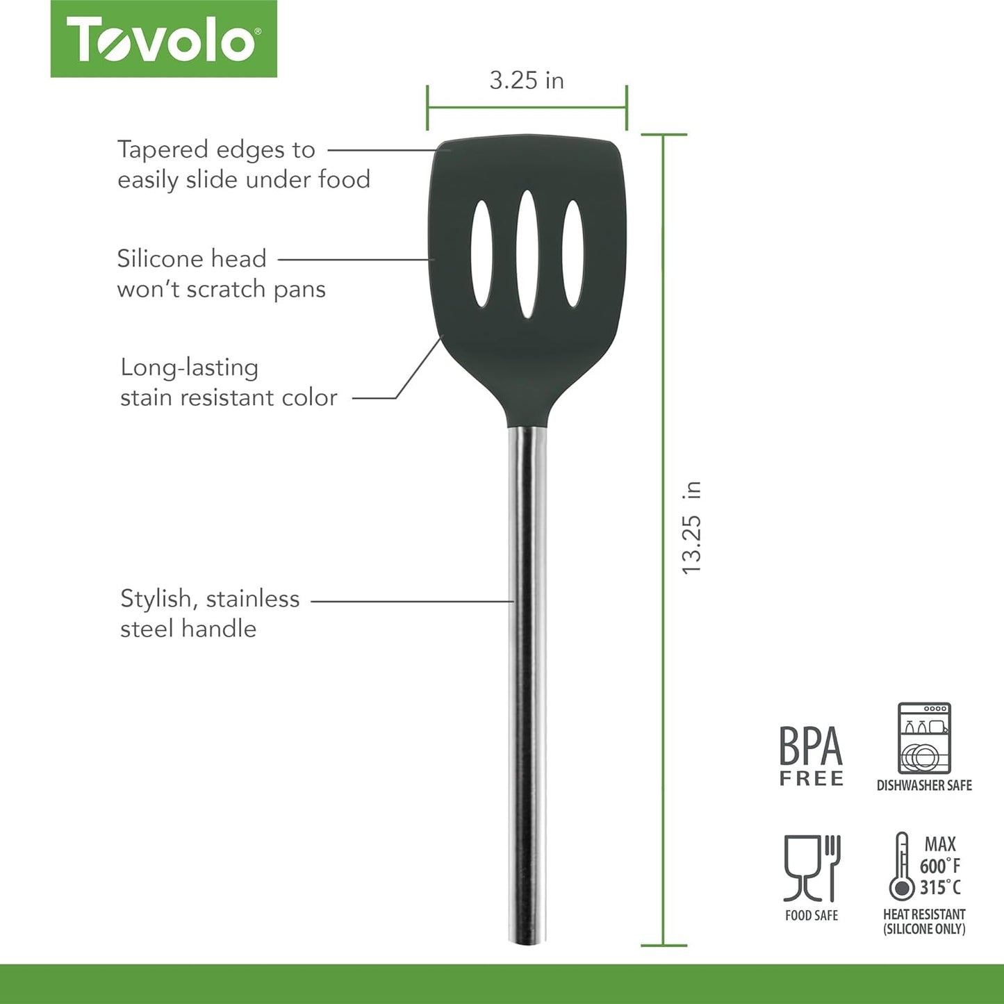 Slotted Silicone Spatula Turner Slotted Stainless Steel Handle 10" Blue Slate Heat Resistant Non Toxic BPA Free Kitchen Utensil, Silicone Egg Pancake Flipper Metal Handle Turner for Cooking