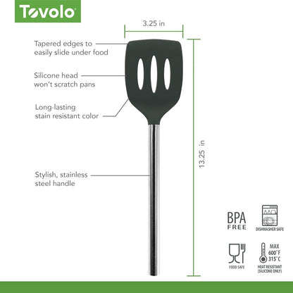 Slotted Silicone Spatula Turner Slotted Stainless Steel Handle 10" Blue Slate Heat Resistant Non Toxic BPA Free Kitchen Utensil, Silicone Egg Pancake Flipper Metal Handle Turner for Cooking