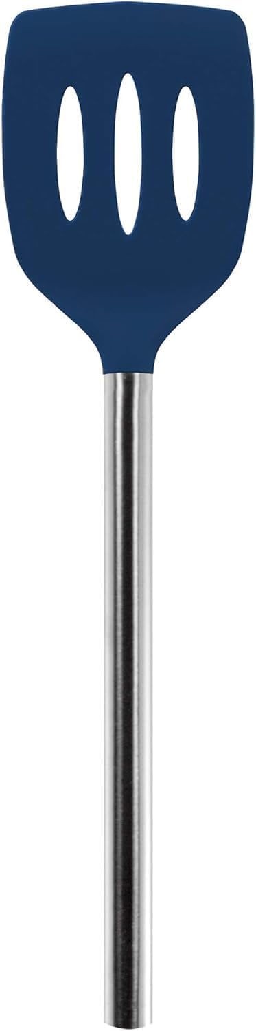 Slotted Silicone Spatula Turner Slotted Stainless Steel Handle 10" Blue Slate Heat Resistant Non Toxic BPA Free Kitchen Utensil, Silicone Egg Pancake Flipper Metal Handle Turner for Cooking