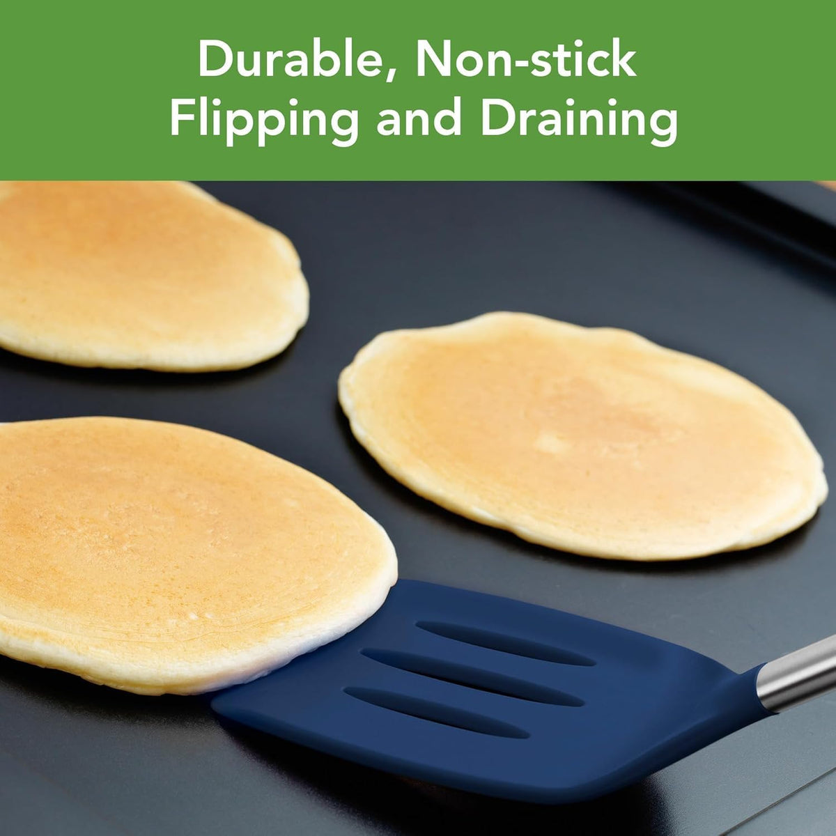 Slotted Silicone Spatula Turner Slotted Stainless Steel Handle 10" Blue Slate Heat Resistant Non Toxic BPA Free Kitchen Utensil, Silicone Egg Pancake Flipper Metal Handle Turner for Cooking
