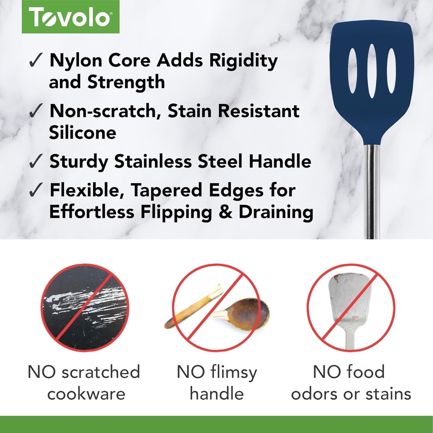 Slotted Silicone Spatula Turner Slotted Stainless Steel Handle 10" Blue Slate Heat Resistant Non Toxic BPA Free Kitchen Utensil, Silicone Egg Pancake Flipper Metal Handle Turner for Cooking