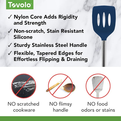 Slotted Silicone Spatula Turner Slotted Stainless Steel Handle 10" Blue Slate Heat Resistant Non Toxic BPA Free Kitchen Utensil, Silicone Egg Pancake Flipper Metal Handle Turner for Cooking