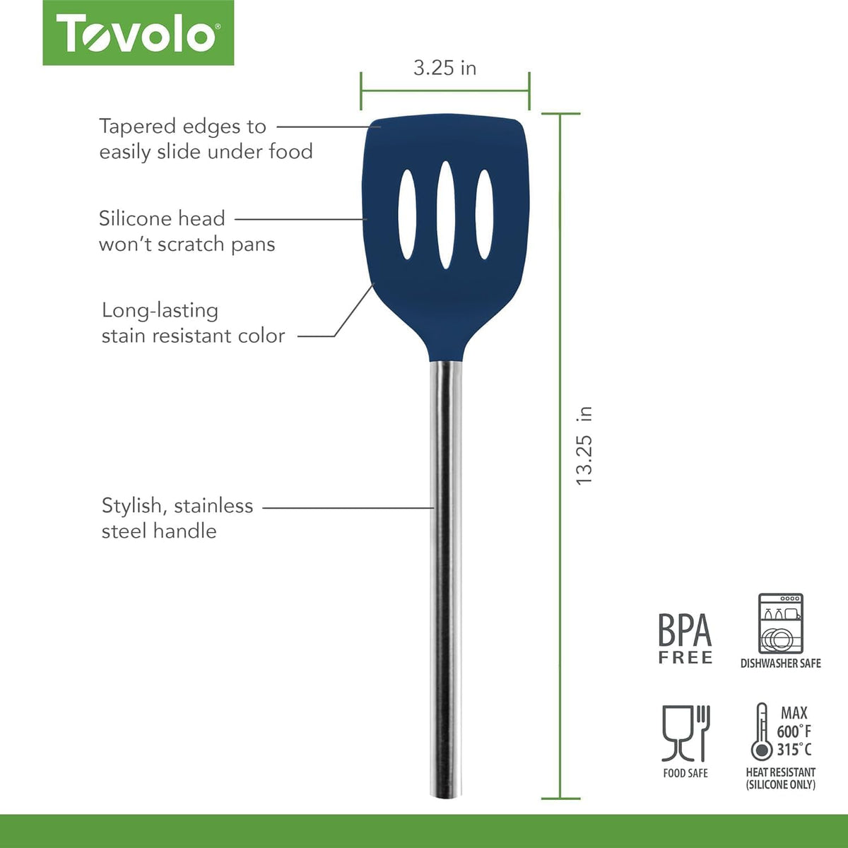Slotted Silicone Spatula Turner Slotted Stainless Steel Handle 10" Blue Slate Heat Resistant Non Toxic BPA Free Kitchen Utensil, Silicone Egg Pancake Flipper Metal Handle Turner for Cooking