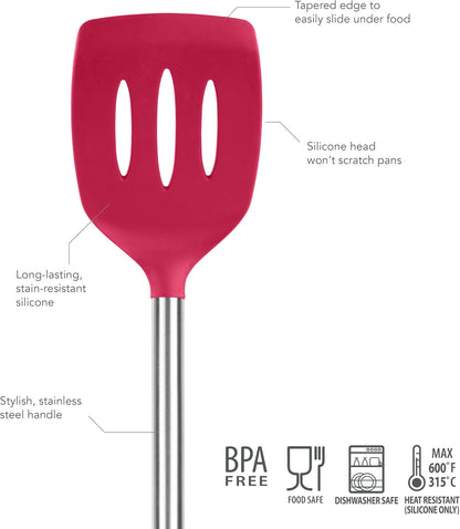 Slotted Silicone Spatula Turner Slotted Stainless Steel Handle 10" Blue Slate Heat Resistant Non Toxic BPA Free Kitchen Utensil, Silicone Egg Pancake Flipper Metal Handle Turner for Cooking