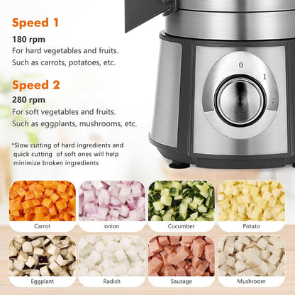 Electric Vegetable Dicer Stainless Steel Food Processor 16-Cup 300W Commercial Veggie Chopper Heavy Duty Fruits Cutter with 1/4" 3/8" 1/2" Blades Auto Discharge for Carrot Potato Onion