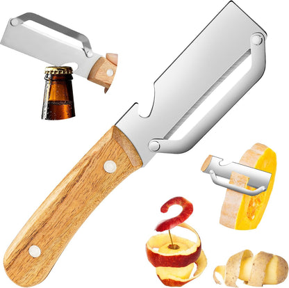 Multifunctional Vegetable Peeler, 2-in-1 kitchen peeler equipped with bottle opener, Zero Snag Wooden Kitchen Tool, Stainless Steel Peelers for Kitchen, Suitable for Fruits and Vegetables (1PCS)
