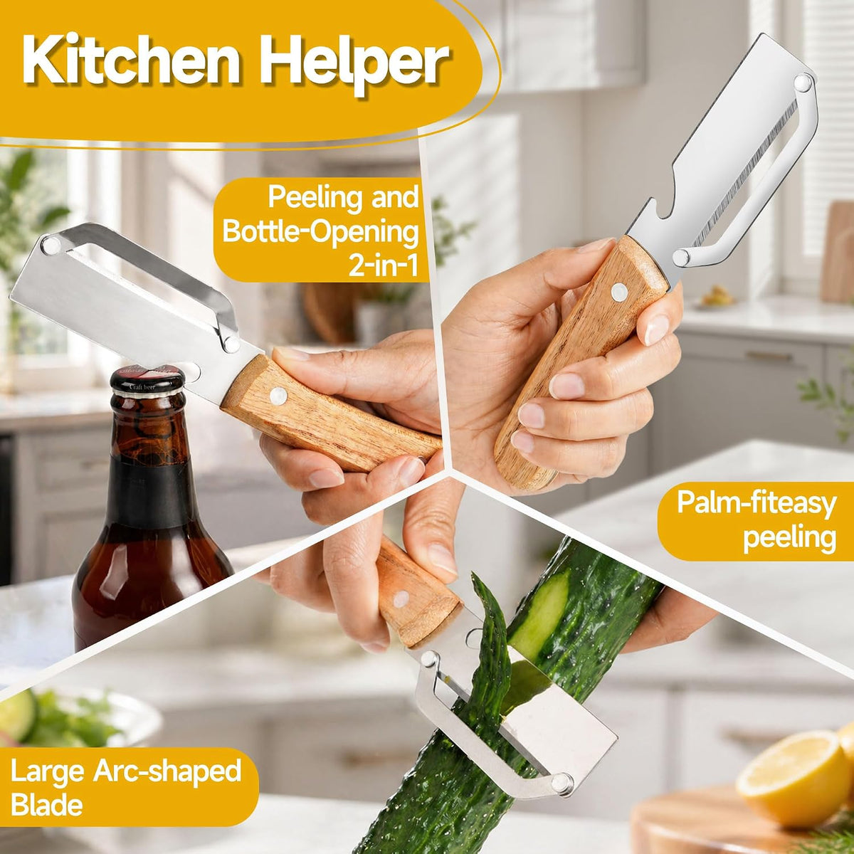 Multifunctional Vegetable Peeler, 2-in-1 kitchen peeler equipped with bottle opener, Zero Snag Wooden Kitchen Tool, Stainless Steel Peelers for Kitchen, Suitable for Fruits and Vegetables (1PCS)