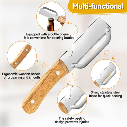 Multifunctional Vegetable Peeler, 2-in-1 kitchen peeler equipped with bottle opener, Zero Snag Wooden Kitchen Tool, Stainless Steel Peelers for Kitchen, Suitable for Fruits and Vegetables (1PCS)