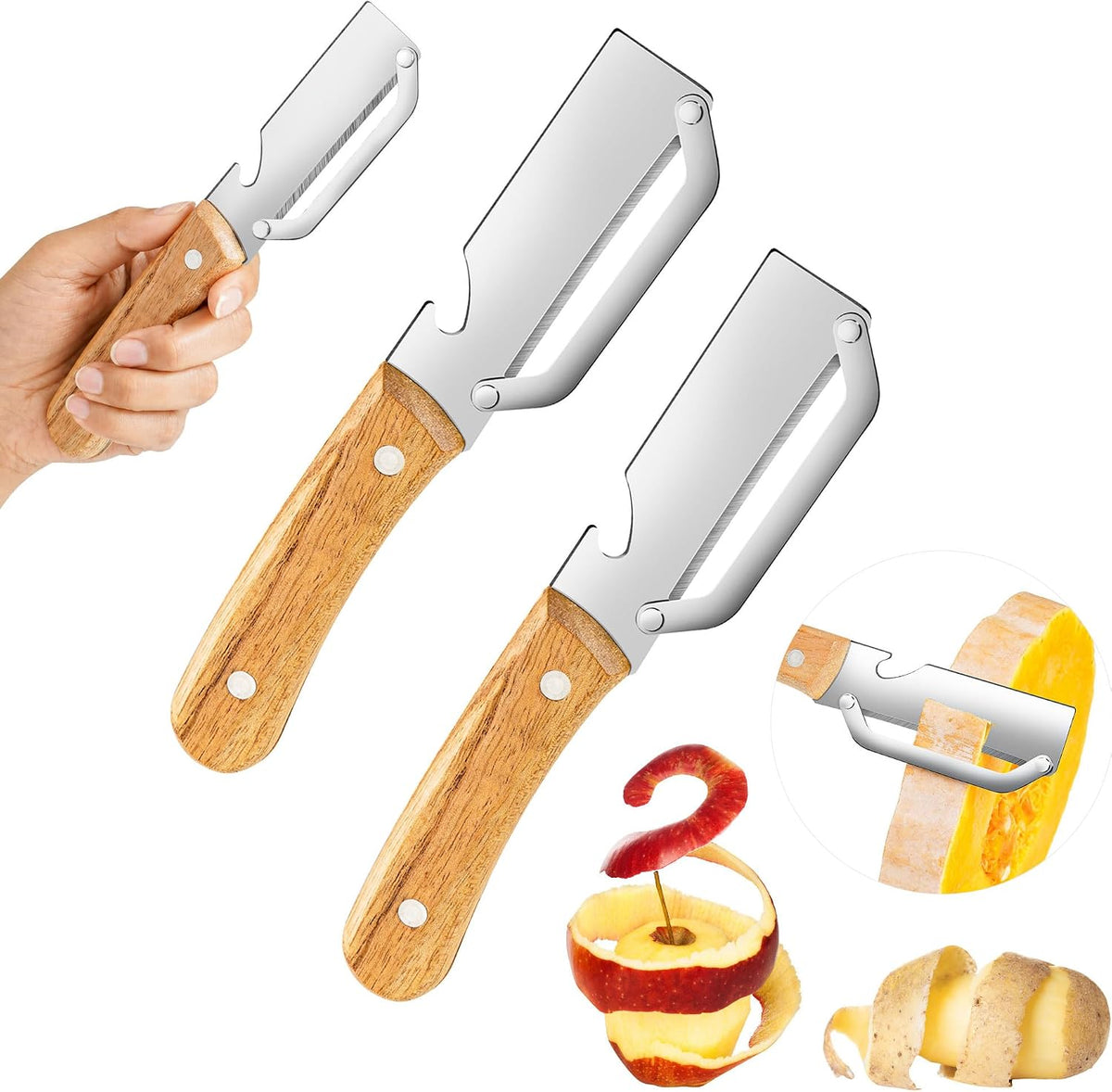 Multifunctional Vegetable Peeler, 2-in-1 kitchen peeler equipped with bottle opener, Zero Snag Wooden Kitchen Tool, Stainless Steel Peelers for Kitchen, Suitable for Fruits and Vegetables (1PCS)