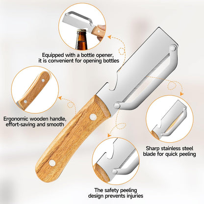 Multifunctional Vegetable Peeler, 2-in-1 kitchen peeler equipped with bottle opener, Zero Snag Wooden Kitchen Tool, Stainless Steel Peelers for Kitchen, Suitable for Fruits and Vegetables (1PCS)