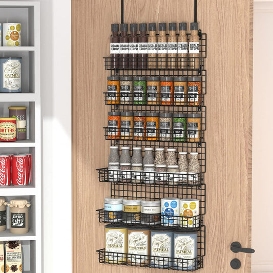 6-Tier Spice Rack Organizer with Door Hook, Wall Mounted & Over the Door Spice Racks for Kitchen Pantry Door Cabinet, Two Size, Large Capacity, Black