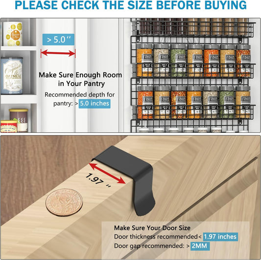 6-Tier Spice Rack Organizer with Door Hook, Wall Mounted & Over the Door Spice Racks for Kitchen Pantry Door Cabinet, Two Size, Large Capacity, Black