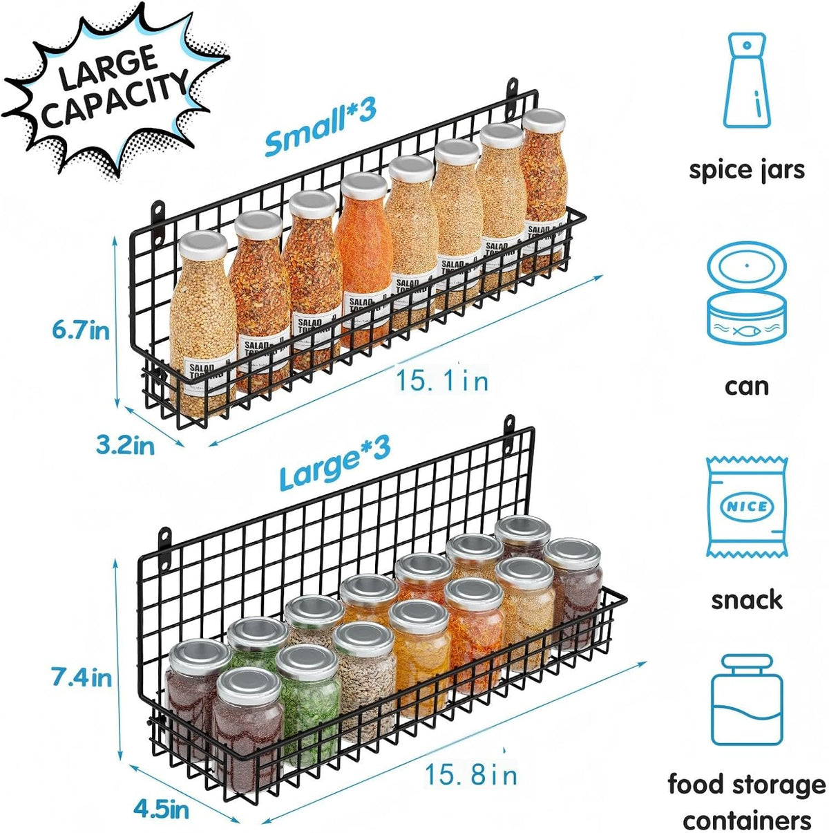 6-Tier Spice Rack Organizer with Door Hook, Wall Mounted & Over the Door Spice Racks for Kitchen Pantry Door Cabinet, Two Size, Large Capacity, Black