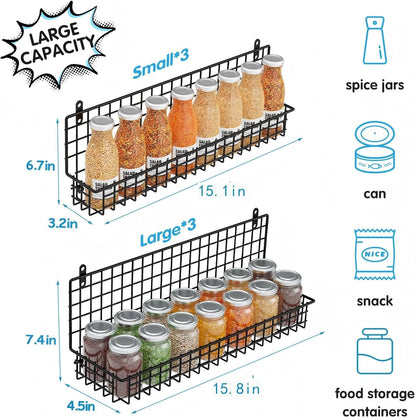 6-Tier Spice Rack Organizer with Door Hook, Wall Mounted & Over the Door Spice Racks for Kitchen Pantry Door Cabinet, Two Size, Large Capacity, Black