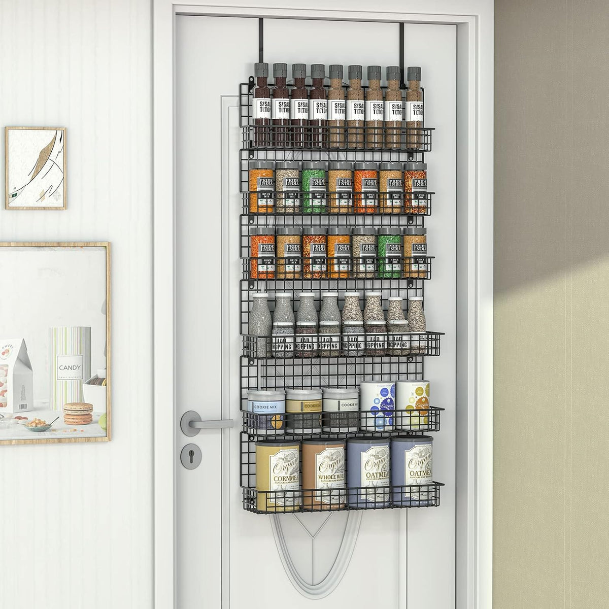 6-Tier Spice Rack Organizer with Door Hook, Wall Mounted & Over the Door Spice Racks for Kitchen Pantry Door Cabinet, Two Size, Large Capacity, Black