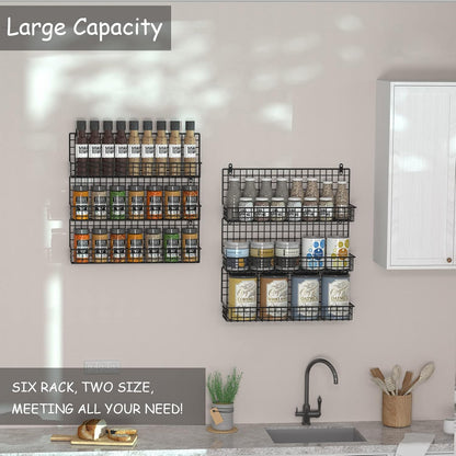 6-Tier Spice Rack Organizer with Door Hook, Wall Mounted & Over the Door Spice Racks for Kitchen Pantry Door Cabinet, Two Size, Large Capacity, Black