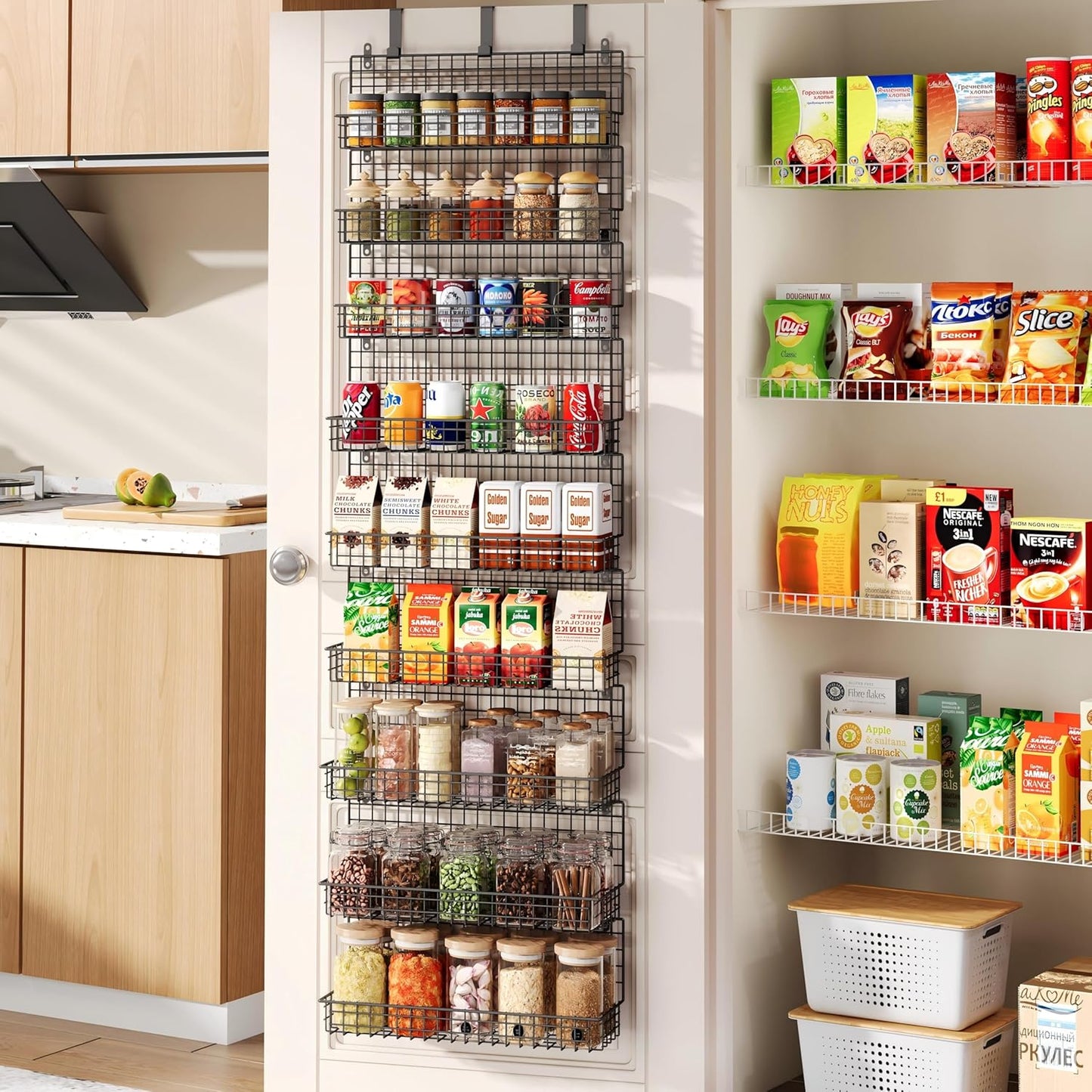 6-Tier Spice Rack Organizer with Door Hook, Wall Mounted & Over the Door Spice Racks for Kitchen Pantry Door Cabinet, Two Size, Large Capacity, Black