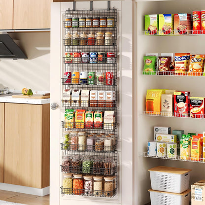 6-Tier Spice Rack Organizer with Door Hook, Wall Mounted & Over the Door Spice Racks for Kitchen Pantry Door Cabinet, Two Size, Large Capacity, Black