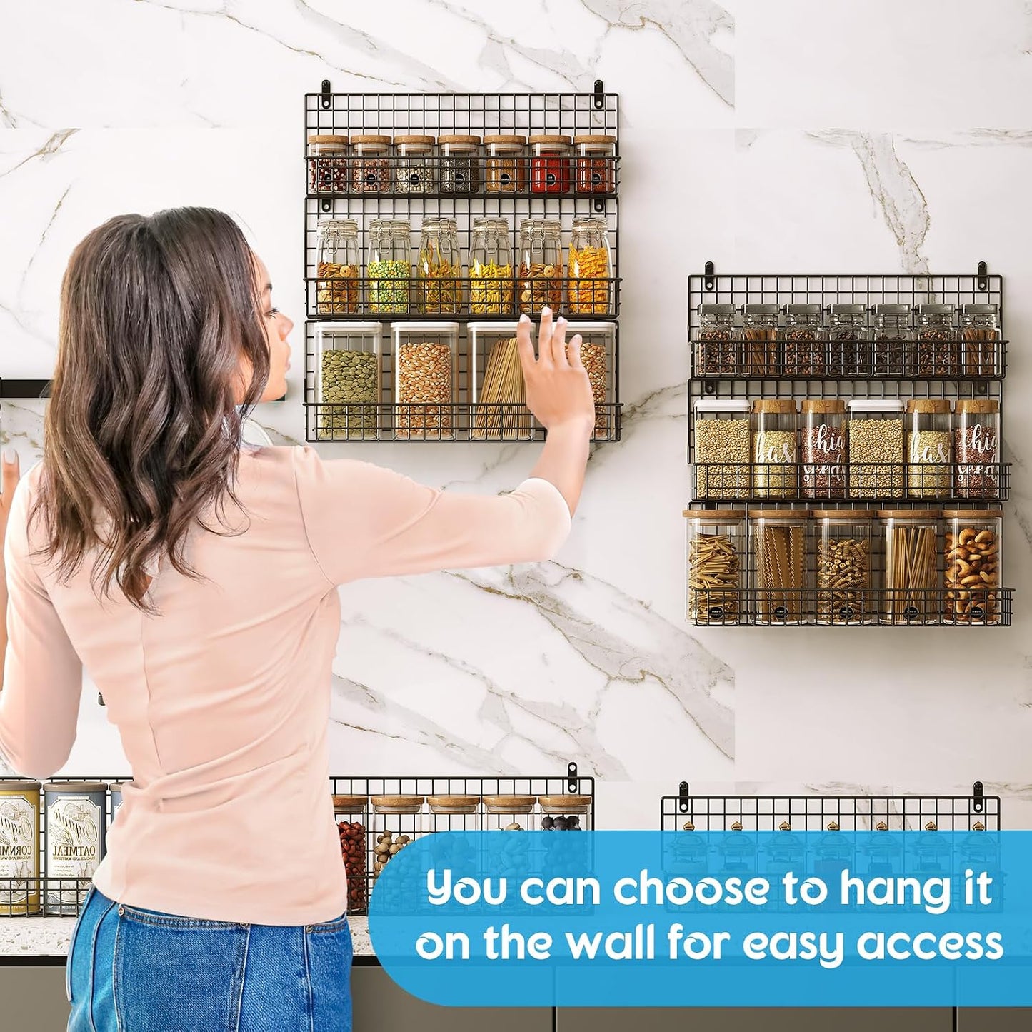 6-Tier Spice Rack Organizer with Door Hook, Wall Mounted & Over the Door Spice Racks for Kitchen Pantry Door Cabinet, Two Size, Large Capacity, Black