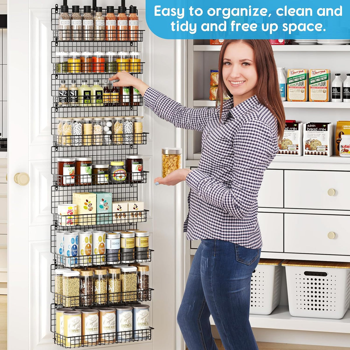 6-Tier Spice Rack Organizer with Door Hook, Wall Mounted & Over the Door Spice Racks for Kitchen Pantry Door Cabinet, Two Size, Large Capacity, Black