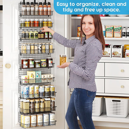6-Tier Spice Rack Organizer with Door Hook, Wall Mounted & Over the Door Spice Racks for Kitchen Pantry Door Cabinet, Two Size, Large Capacity, Black