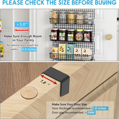 6-Tier Spice Rack Organizer with Door Hook, Wall Mounted & Over the Door Spice Racks for Kitchen Pantry Door Cabinet, Two Size, Large Capacity, Black