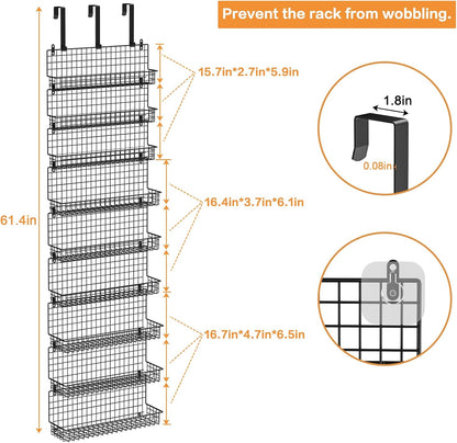 6-Tier Spice Rack Organizer with Door Hook, Wall Mounted & Over the Door Spice Racks for Kitchen Pantry Door Cabinet, Two Size, Large Capacity, Black
