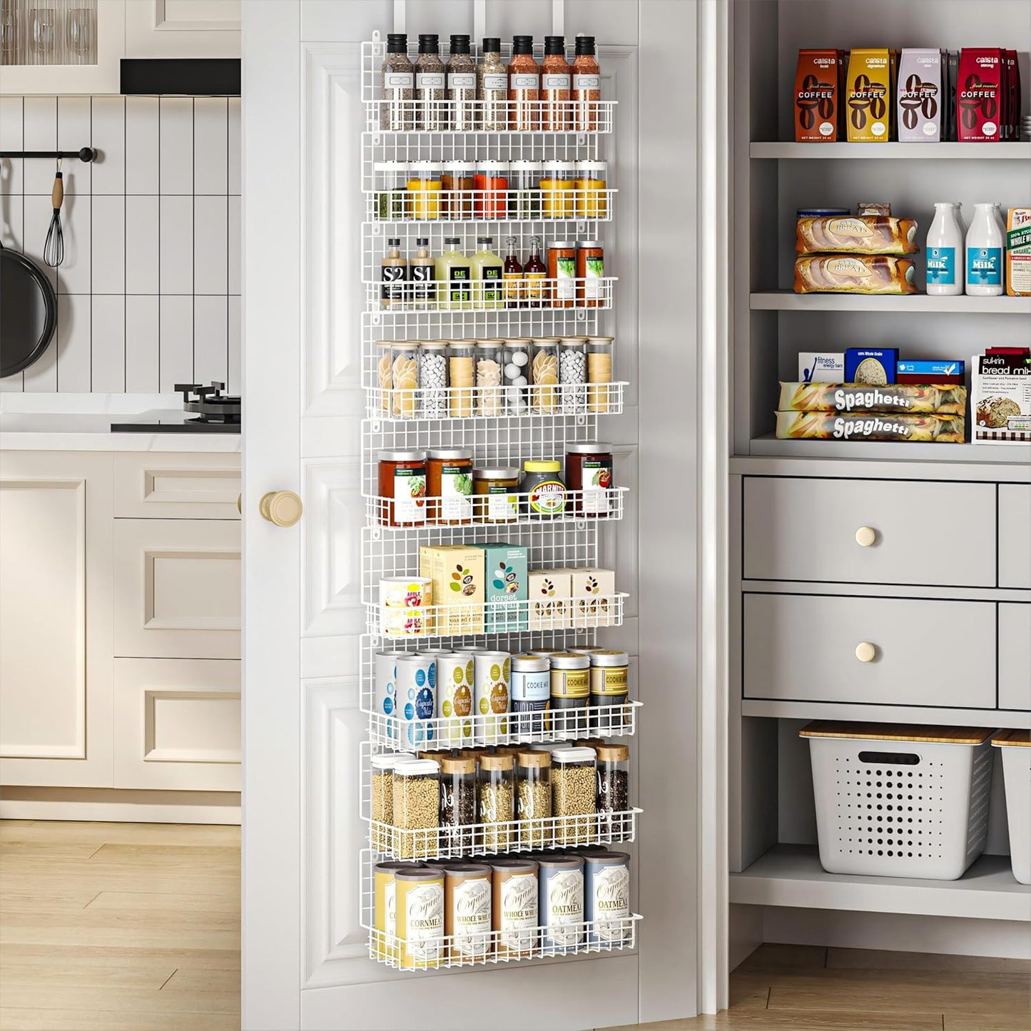 6-Tier Spice Rack Organizer with Door Hook, Wall Mounted & Over the Door Spice Racks for Kitchen Pantry Door Cabinet, Two Size, Large Capacity, Black