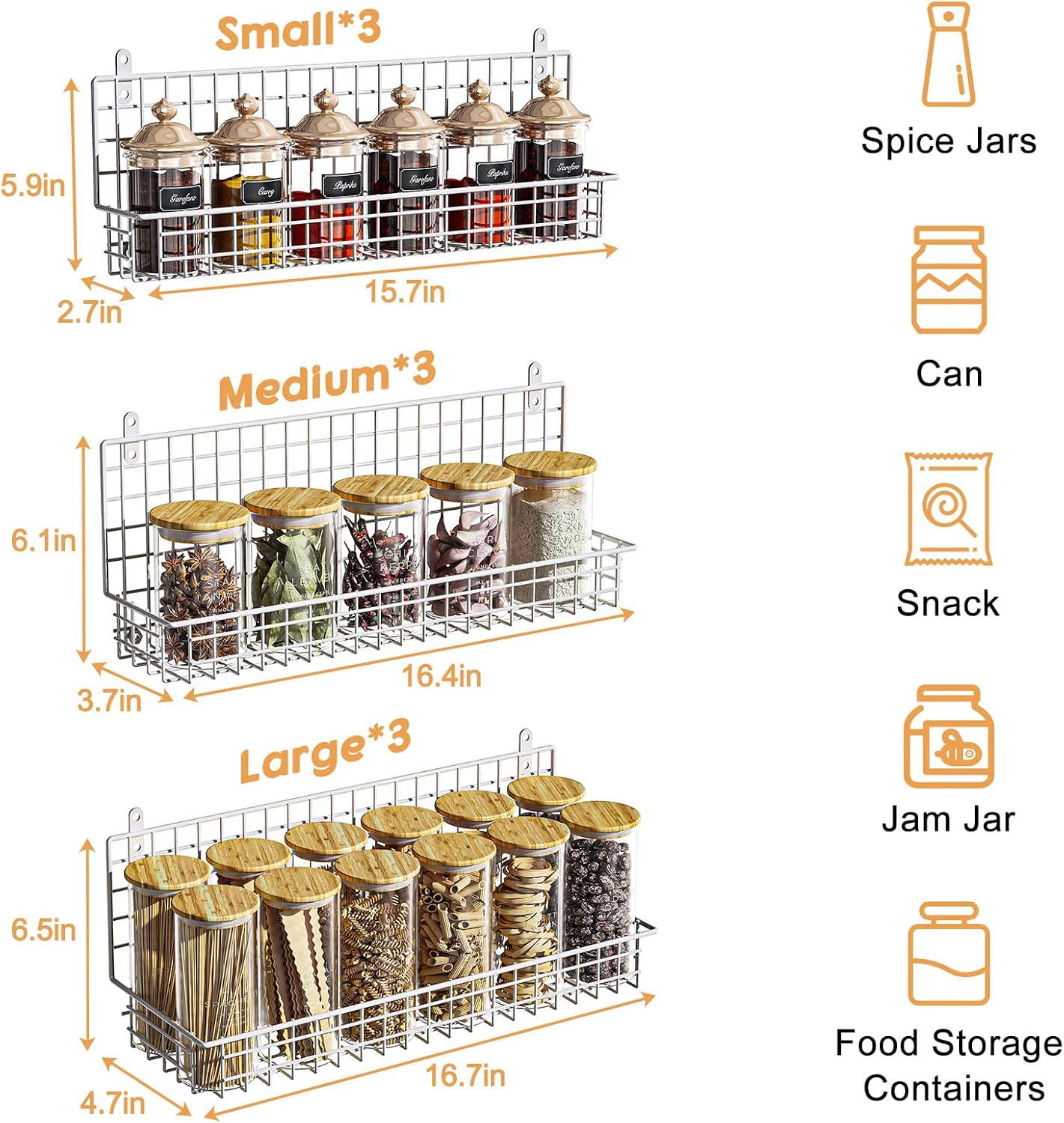 6-Tier Spice Rack Organizer with Door Hook, Wall Mounted & Over the Door Spice Racks for Kitchen Pantry Door Cabinet, Two Size, Large Capacity, Black