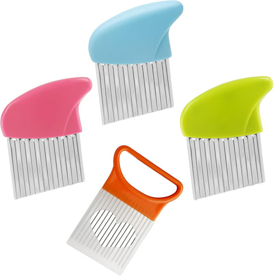 Stainless Steel Crinkle Cutter Knife Set, 1 Fork Slicing Helper & 3 Potato Carrot Wavy Knife French Fry Slicer Vegetable Wavy Chopper