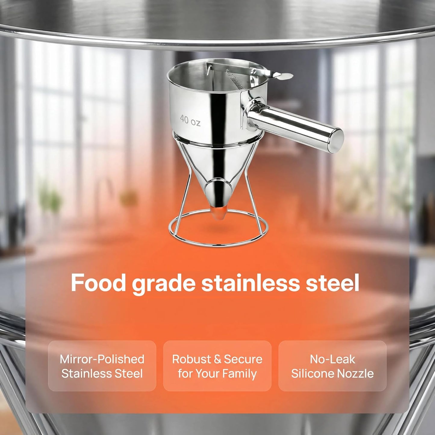 40oz 304 Stainless Steel Pancake Batter Dispenser With Dustproof Lid, 4 Interchangeable Nozzles, Detachable Handle, Perfect For Making Waffles, Cupcakes, Donuts, And Other Treats。