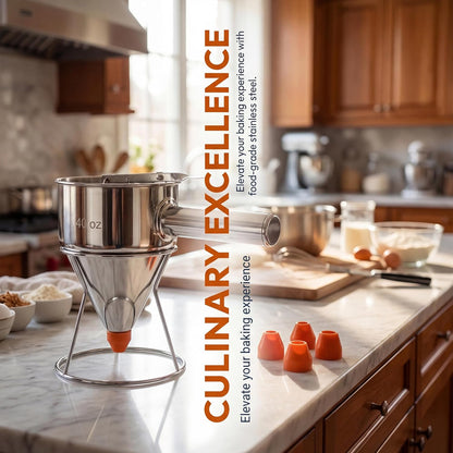 40oz 304 Stainless Steel Pancake Batter Dispenser With Dustproof Lid, 4 Interchangeable Nozzles, Detachable Handle, Perfect For Making Waffles, Cupcakes, Donuts, And Other Treats。