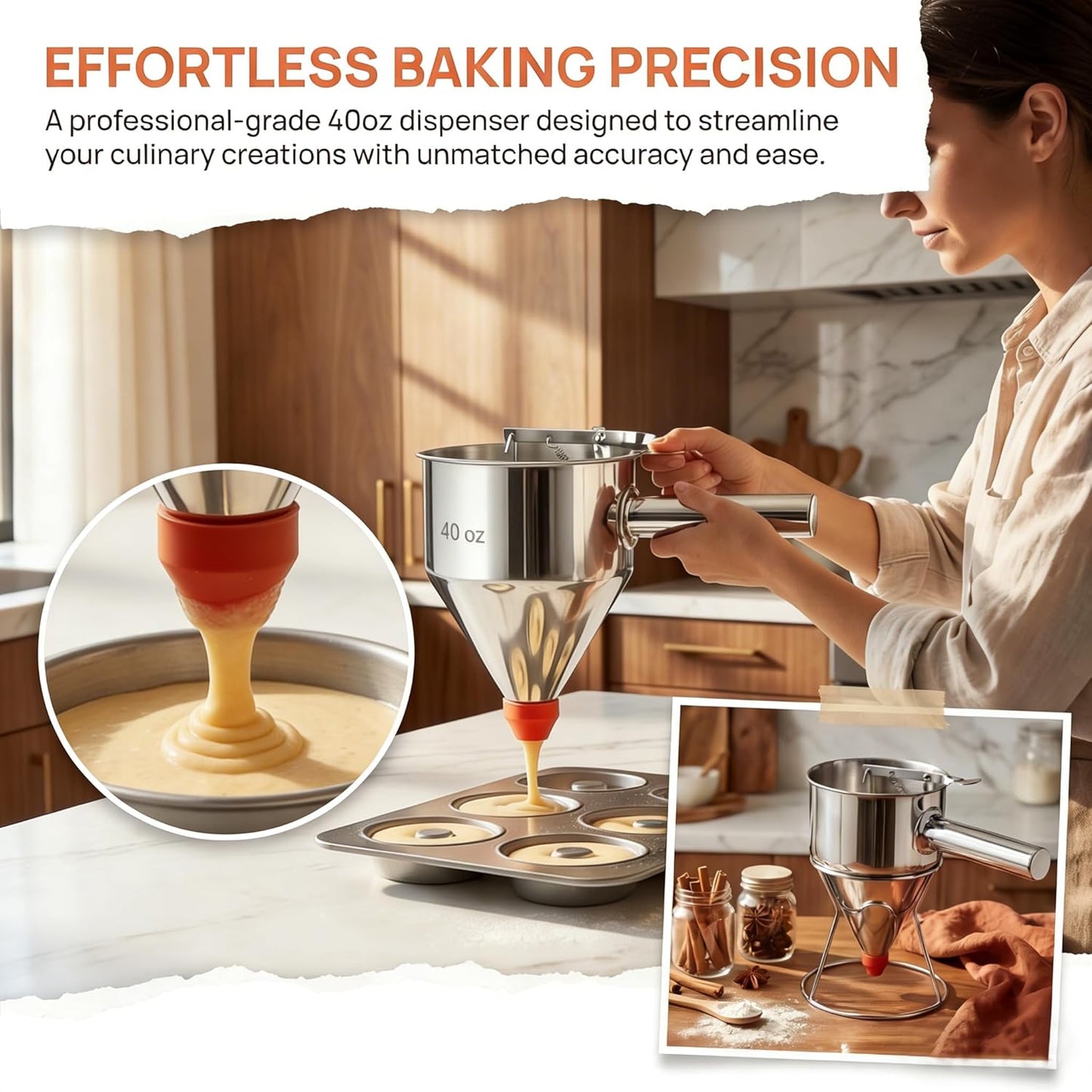 40oz 304 Stainless Steel Pancake Batter Dispenser With Dustproof Lid, 4 Interchangeable Nozzles, Detachable Handle, Perfect For Making Waffles, Cupcakes, Donuts, And Other Treats。