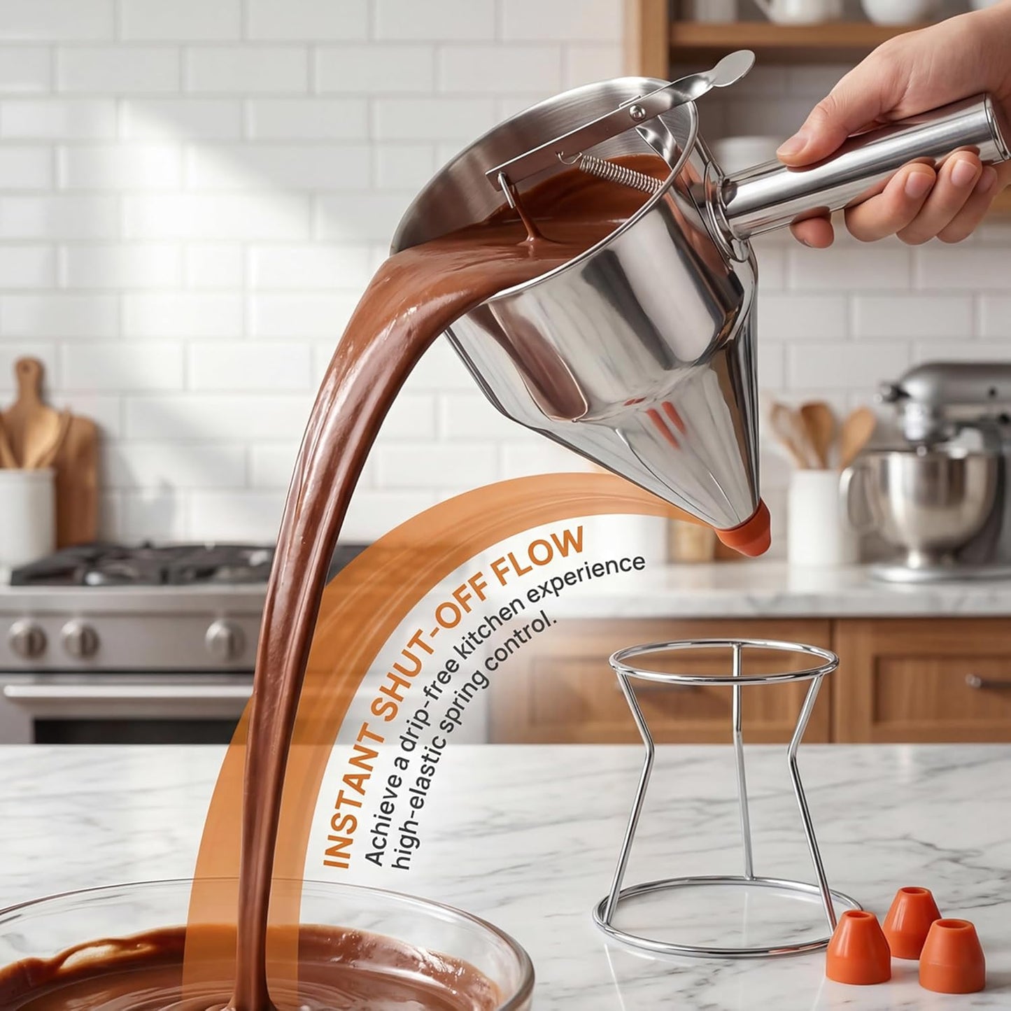 40oz 304 Stainless Steel Pancake Batter Dispenser With Dustproof Lid, 4 Interchangeable Nozzles, Detachable Handle, Perfect For Making Waffles, Cupcakes, Donuts, And Other Treats。