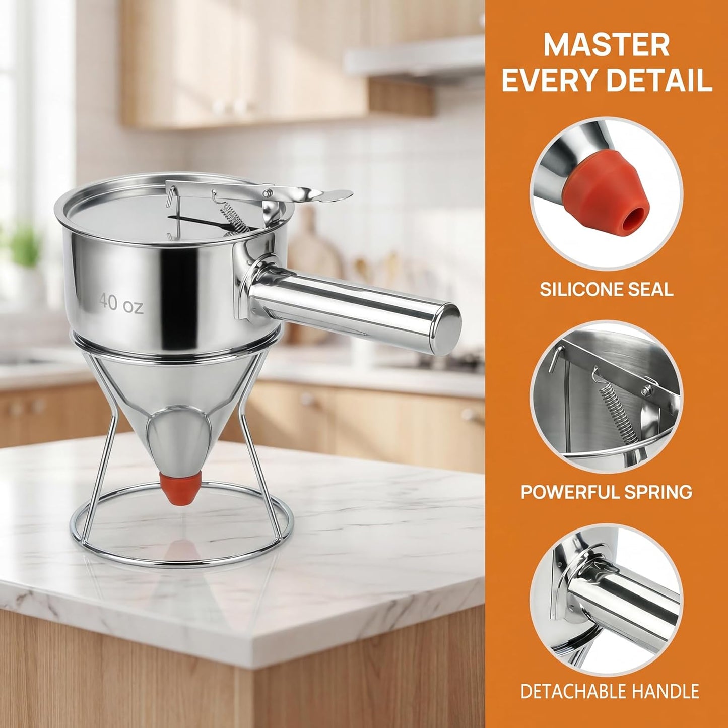 40oz 304 Stainless Steel Pancake Batter Dispenser With Dustproof Lid, 4 Interchangeable Nozzles, Detachable Handle, Perfect For Making Waffles, Cupcakes, Donuts, And Other Treats。