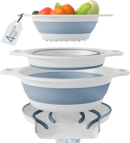 Collapsible Colanders (3 Pack Set) Food Strainers with Over-Sink Water Draining Base for Pasta Fruits and Vegetables (Patent Pending) White (3 Sizes, 3QT, 4QT and 5 Quart)