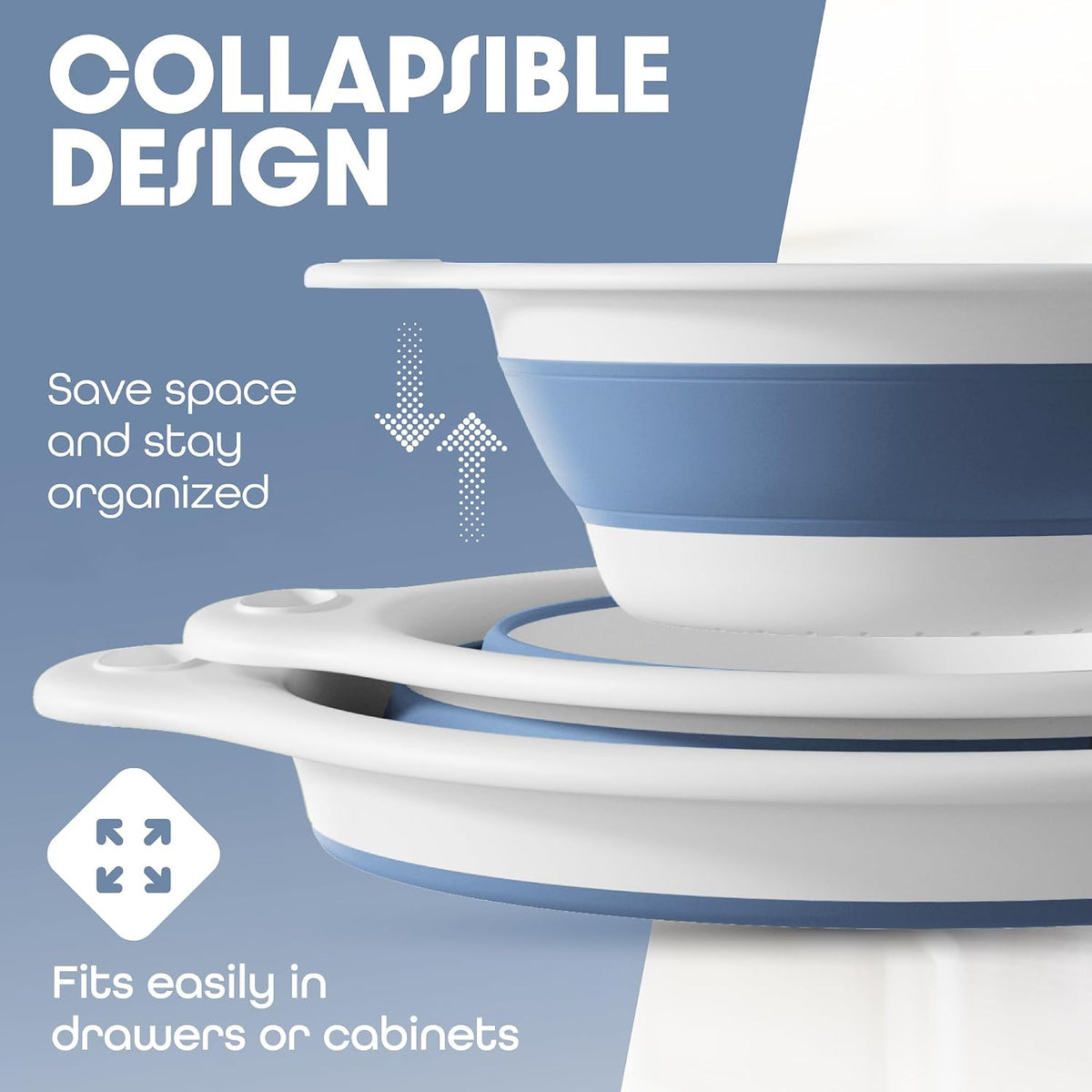 Collapsible Colanders (3 Pack Set) Food Strainers with Over-Sink Water Draining Base for Pasta Fruits and Vegetables (Patent Pending) White (3 Sizes, 3QT, 4QT and 5 Quart)