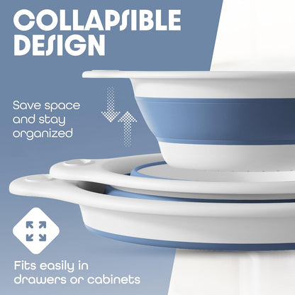 Collapsible Colanders (3 Pack Set) Food Strainers with Over-Sink Water Draining Base for Pasta Fruits and Vegetables (Patent Pending) White (3 Sizes, 3QT, 4QT and 5 Quart)