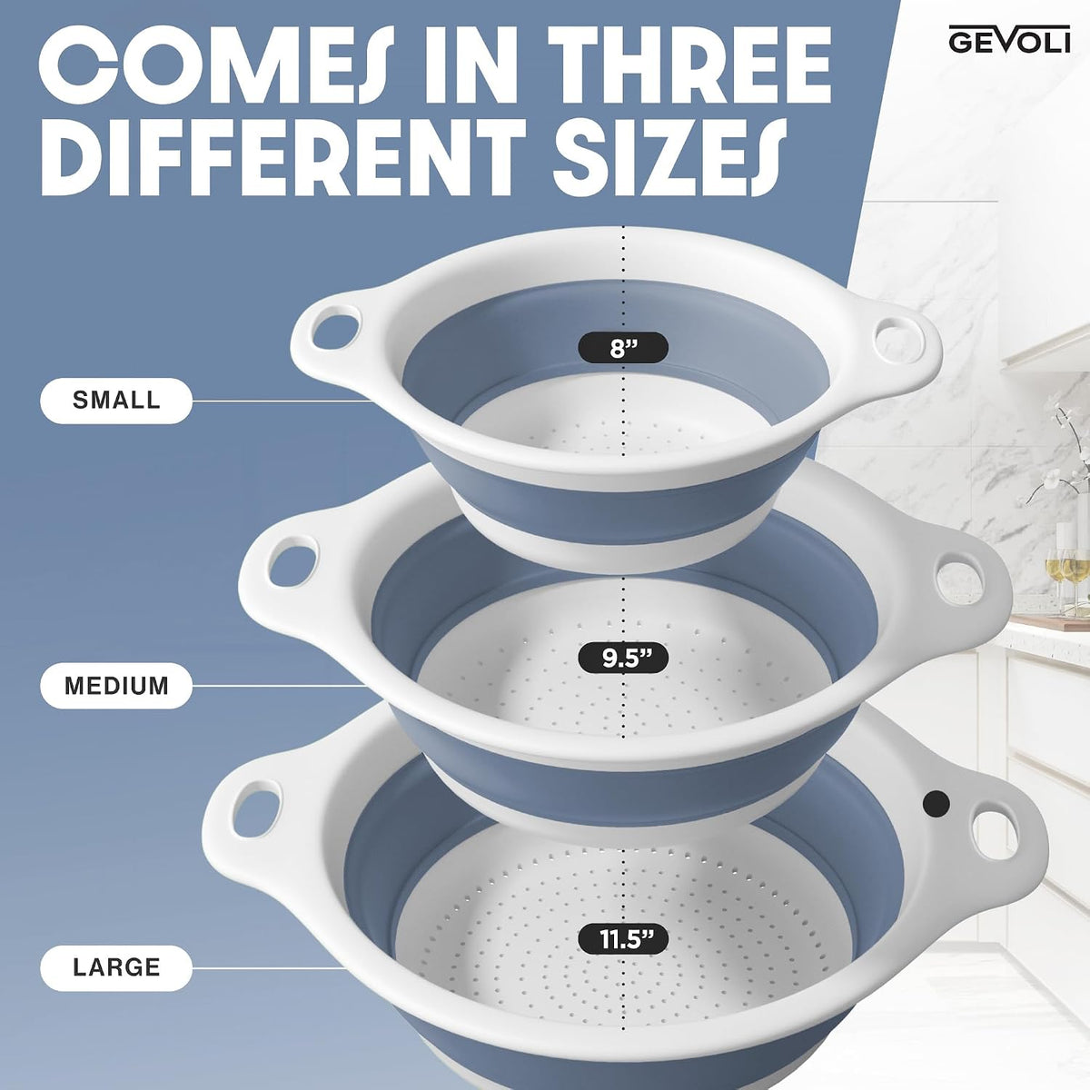Collapsible Colanders (3 Pack Set) Food Strainers with Over-Sink Water Draining Base for Pasta Fruits and Vegetables (Patent Pending) White (3 Sizes, 3QT, 4QT and 5 Quart)