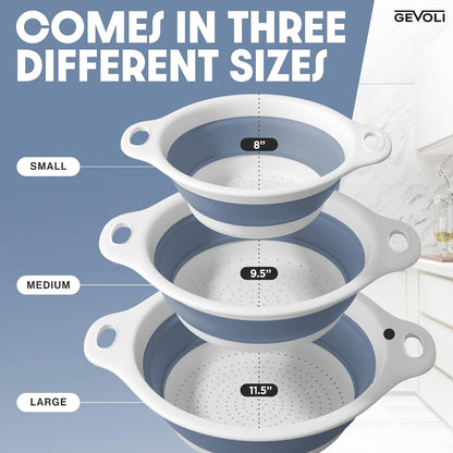 Collapsible Colanders (3 Pack Set) Food Strainers with Over-Sink Water Draining Base for Pasta Fruits and Vegetables (Patent Pending) White (3 Sizes, 3QT, 4QT and 5 Quart)