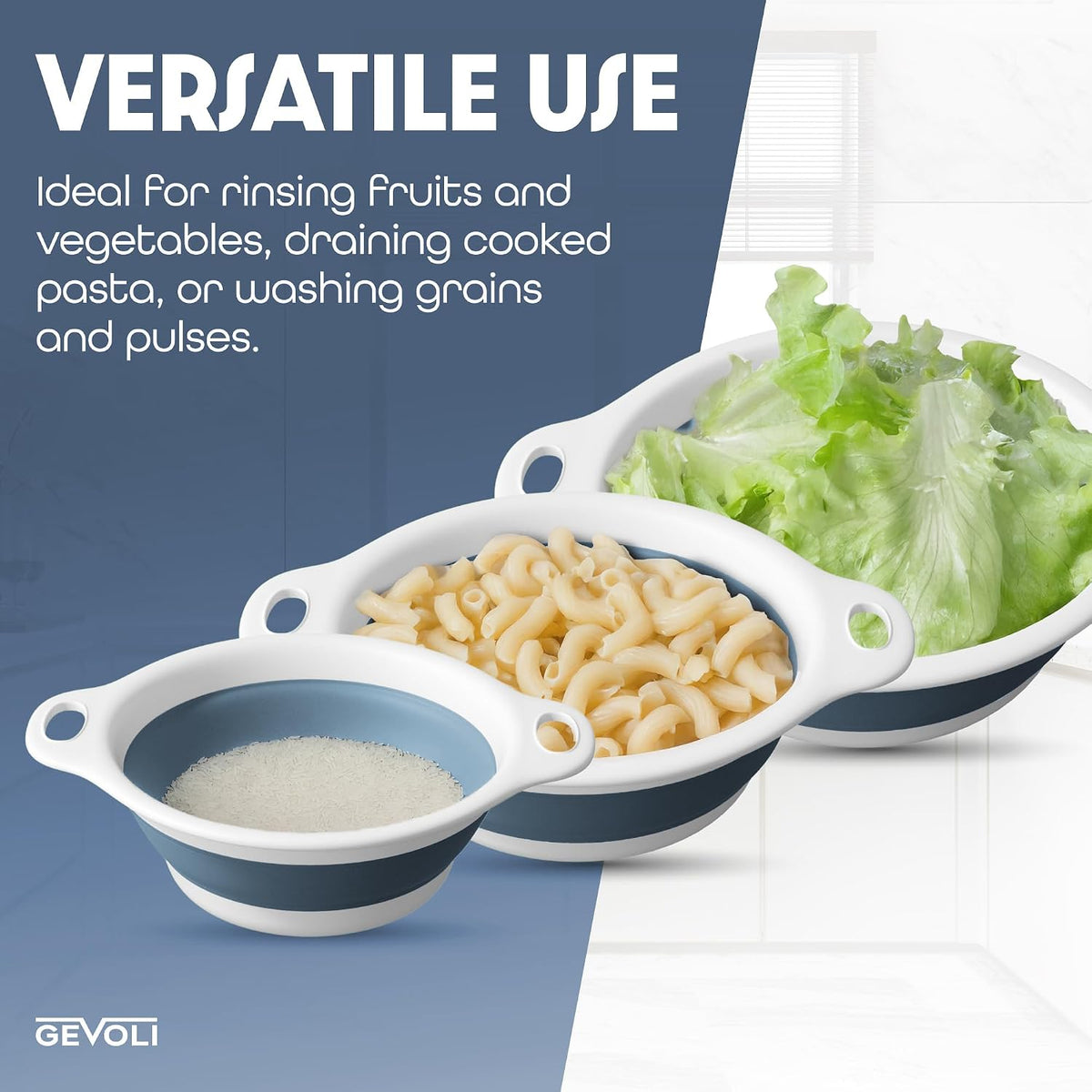 Collapsible Colanders (3 Pack Set) Food Strainers with Over-Sink Water Draining Base for Pasta Fruits and Vegetables (Patent Pending) White (3 Sizes, 3QT, 4QT and 5 Quart)