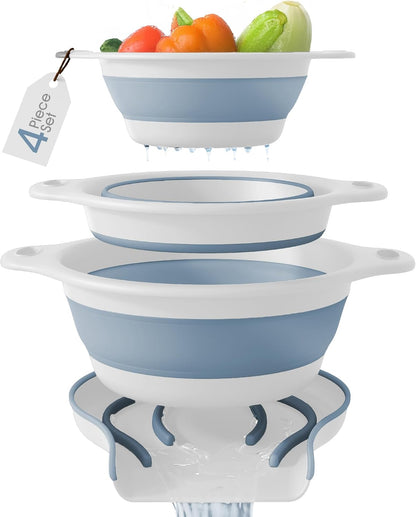 Collapsible Colanders (3 Pack Set) Food Strainers with Over-Sink Water Draining Base for Pasta Fruits and Vegetables (Patent Pending) White (3 Sizes, 3QT, 4QT and 5 Quart)