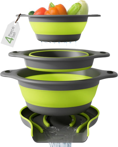 Collapsible Colanders (3 Pack Set) Food Strainers with Over-Sink Water Draining Base for Pasta Fruits and Vegetables (Patent Pending) White (3 Sizes, 3QT, 4QT and 5 Quart)