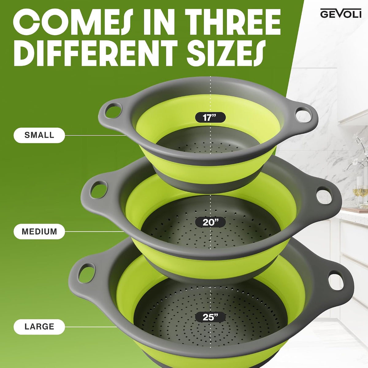 Collapsible Colanders (3 Pack Set) Food Strainers with Over-Sink Water Draining Base for Pasta Fruits and Vegetables (Patent Pending) White (3 Sizes, 3QT, 4QT and 5 Quart)