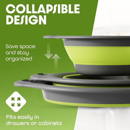 Collapsible Colanders (3 Pack Set) Food Strainers with Over-Sink Water Draining Base for Pasta Fruits and Vegetables (Patent Pending) White (3 Sizes, 3QT, 4QT and 5 Quart)