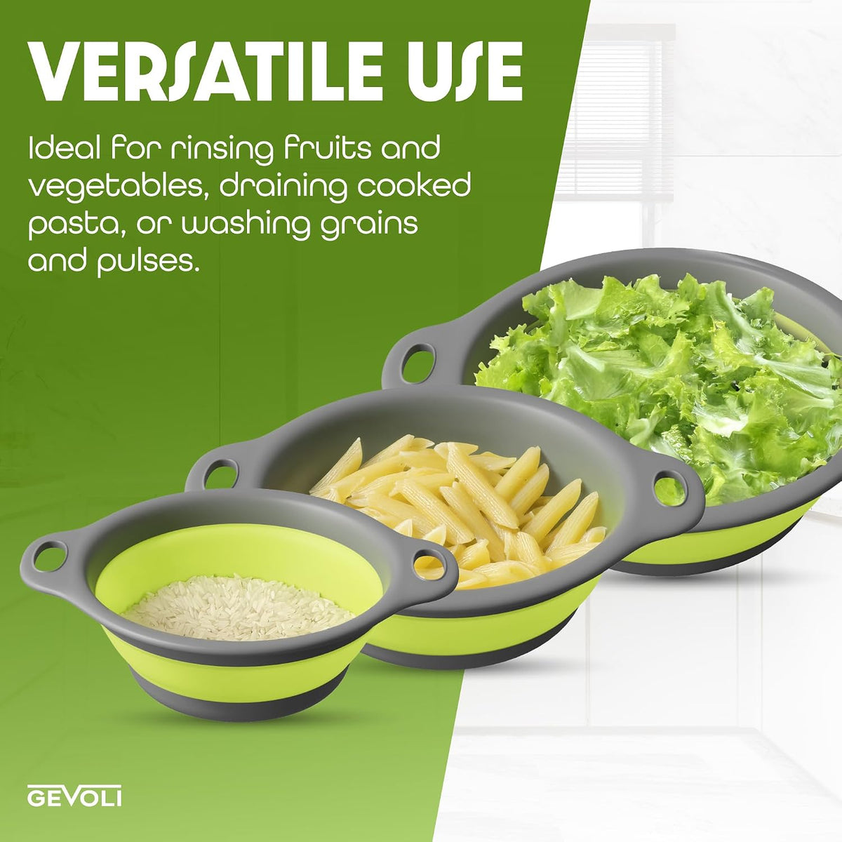 Collapsible Colanders (3 Pack Set) Food Strainers with Over-Sink Water Draining Base for Pasta Fruits and Vegetables (Patent Pending) White (3 Sizes, 3QT, 4QT and 5 Quart)