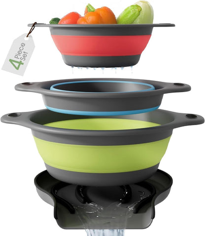 Collapsible Colanders (3 Pack Set) Food Strainers with Over-Sink Water Draining Base for Pasta Fruits and Vegetables (Patent Pending) White (3 Sizes, 3QT, 4QT and 5 Quart)