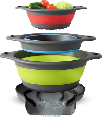 Collapsible Colanders (3 Pack Set) Food Strainers with Over-Sink Water Draining Base for Pasta Fruits and Vegetables (Patent Pending) White (3 Sizes, 3QT, 4QT and 5 Quart)