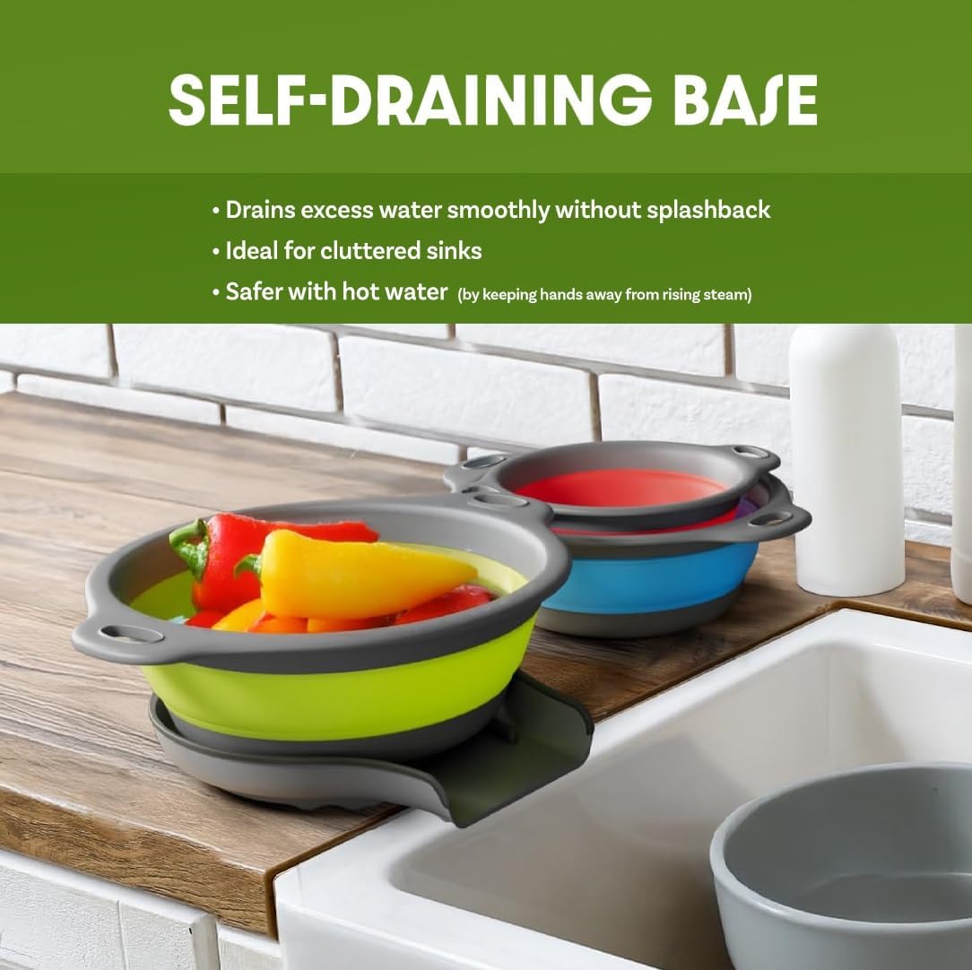 Collapsible Colanders (3 Pack Set) Food Strainers with Over-Sink Water Draining Base for Pasta Fruits and Vegetables (Patent Pending) White (3 Sizes, 3QT, 4QT and 5 Quart)