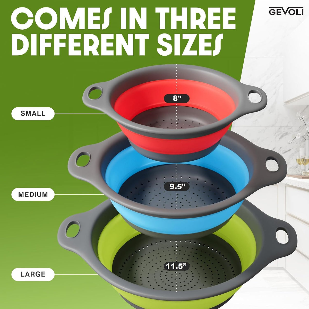 Collapsible Colanders (3 Pack Set) Food Strainers with Over-Sink Water Draining Base for Pasta Fruits and Vegetables (Patent Pending) White (3 Sizes, 3QT, 4QT and 5 Quart)